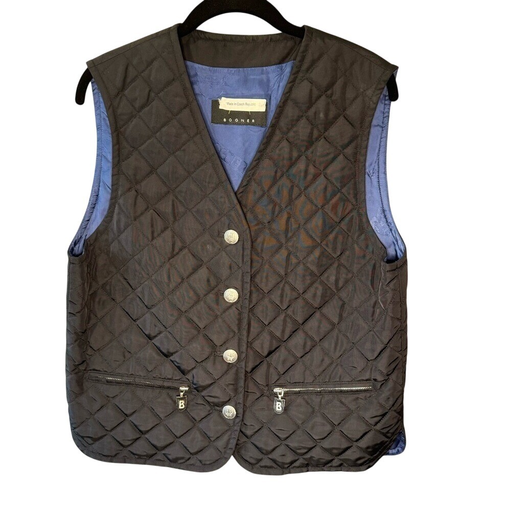 BOGNER Quilted Black Vest, Blue luxe lining, Rare, VTG, EU 40, Women's 12, EUC
